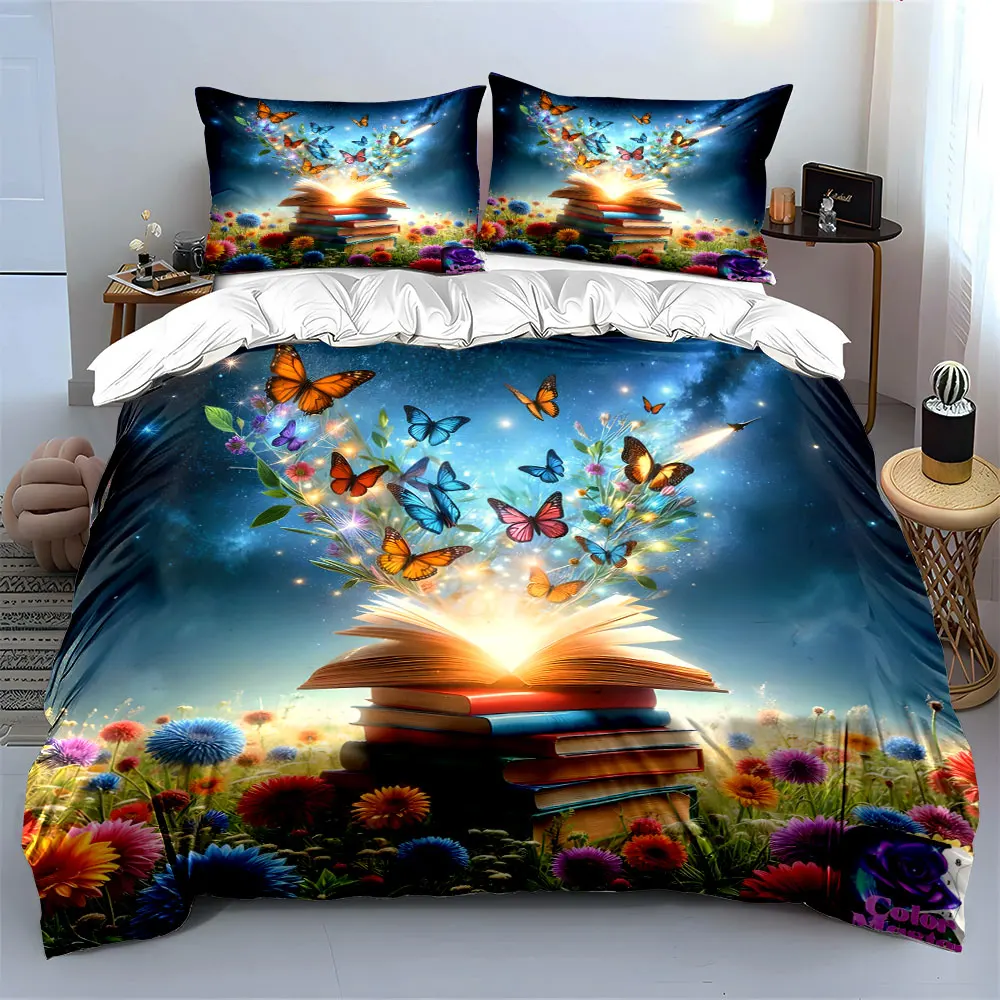 Комплект постельного белья Бабочки и книжный декор с 1 пододеяльником и 2 наволочками, для односпальных, двуспальных, королевских и очень больших кроватей, подарок (art.: 3920db07f7224) - 3920db07f7224