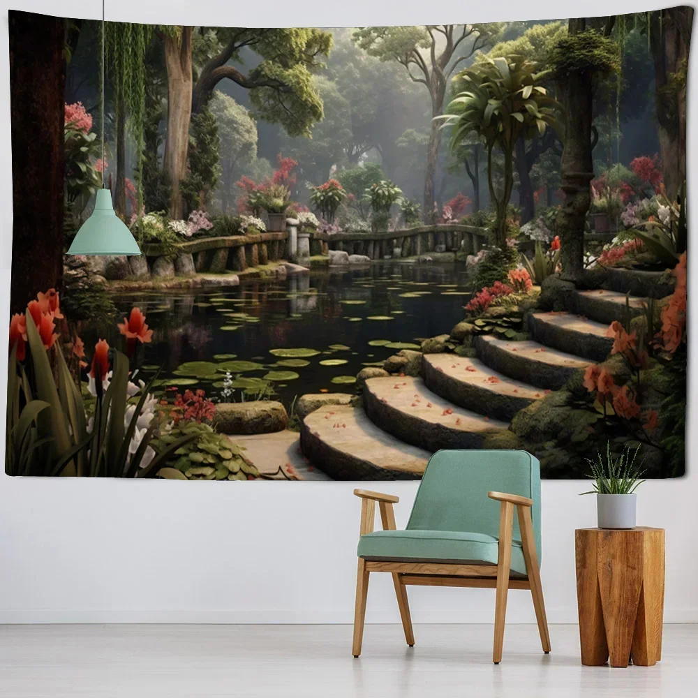 Пейзаж картина маслом гобелен лес павлин замок мечтательная настенная ткань