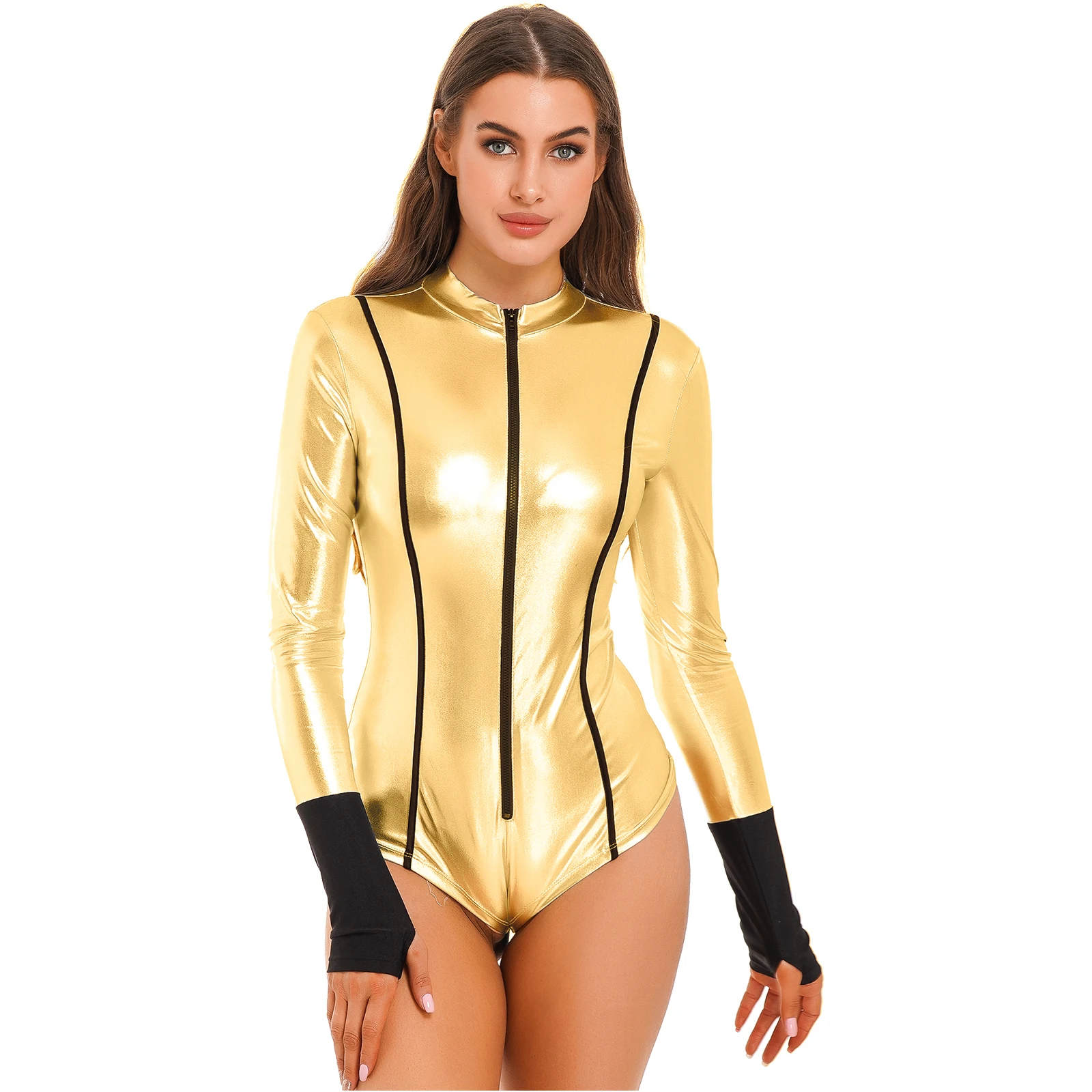 

Halloween Womens Metallic Shiny Bodysuit Clubwear Zipper Stand Collar Catsuit Long Sleeve Leotard Cosplay Pole Dancing Costumes