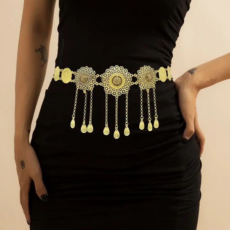 

Модный празднивечерние вечерний пояс в этническом стиле с позолоченной цепочкой и инкрустированными бриллиантами пояс из сплава с вырезам...