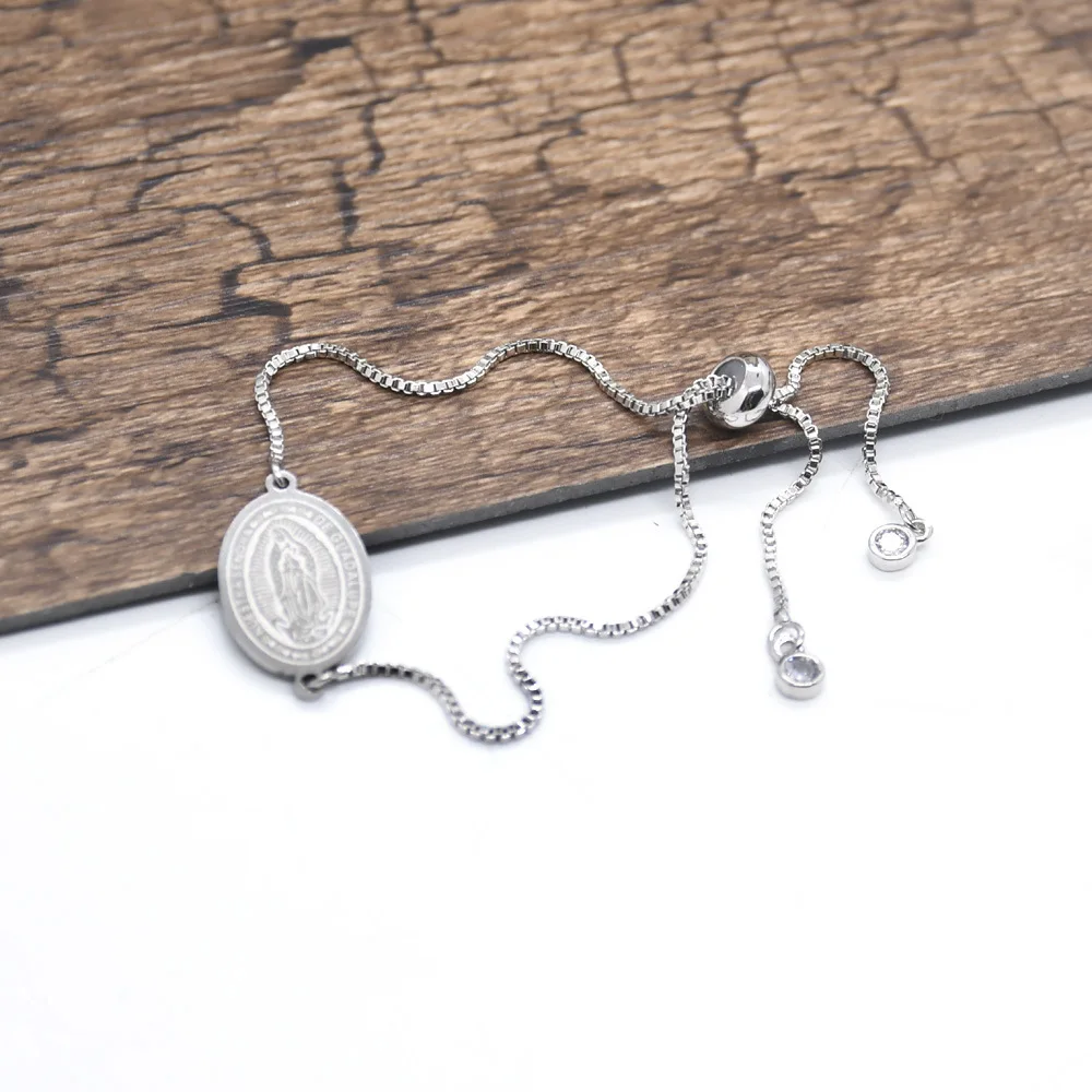 

Stainless Steel Virgin Maria Medal Bracelet For Women Metal Virgin Mary Bracelet Adjustable Box Chain Bracelet