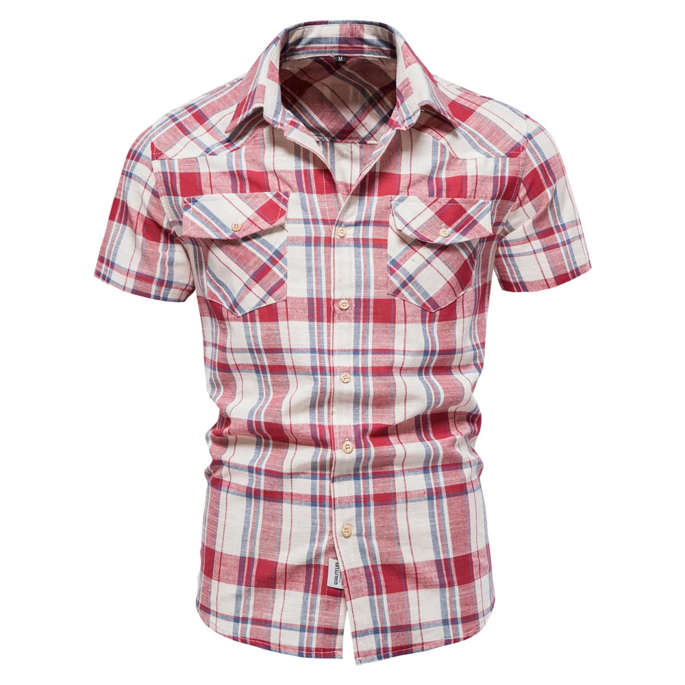 2022 Summer New Short Sleeve Plaid Shirts Men's Casual Pockets Decorated Lapel Short Sleeve Shirts for Men