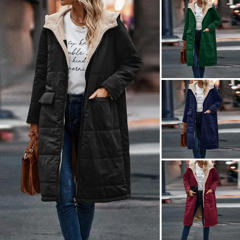 

Women Winter Long Coat Hooded Padded Jacket Long Sleeve Reversible Fleece Lining Outwear Double Sided Wear Mid-length Overcoats