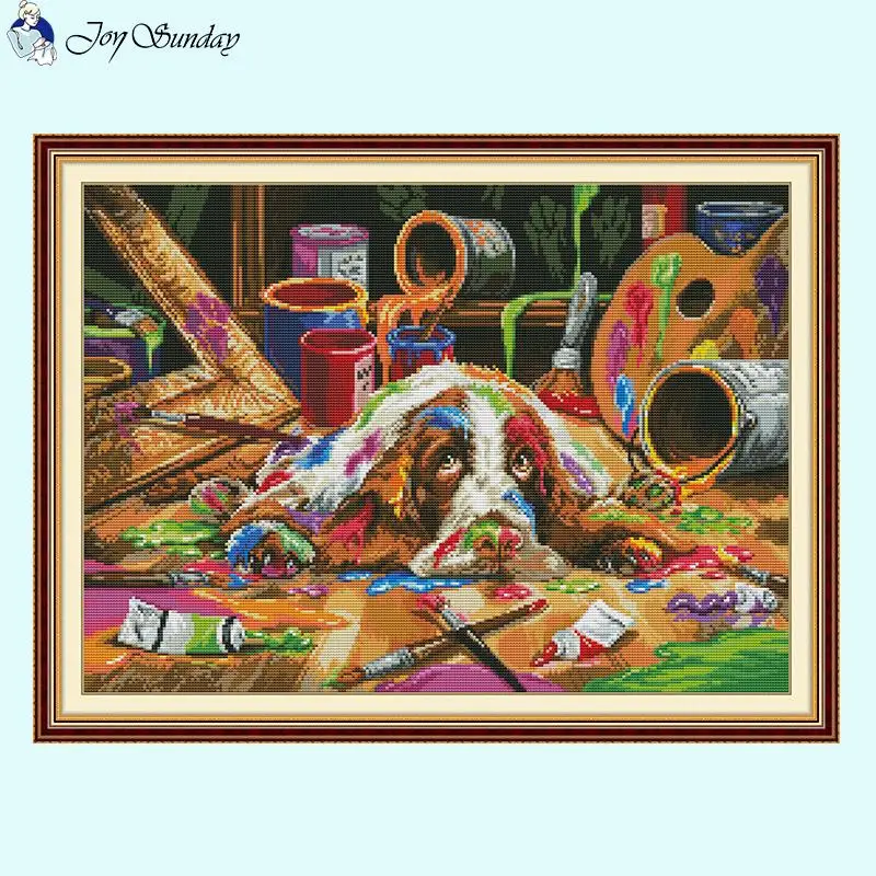 Щенок любит рисовать. Животные узоры. Набор для вышивки крестом. 14CT 16CT 11CT. Белый