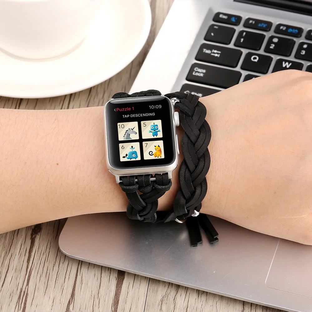 Leather Braided Strap for Apple Watch Ultra 49mm Series 45mm 41mm 44mm 40mm Women Double Loop Wristband for iWatch 8 7 6 5 4 SE