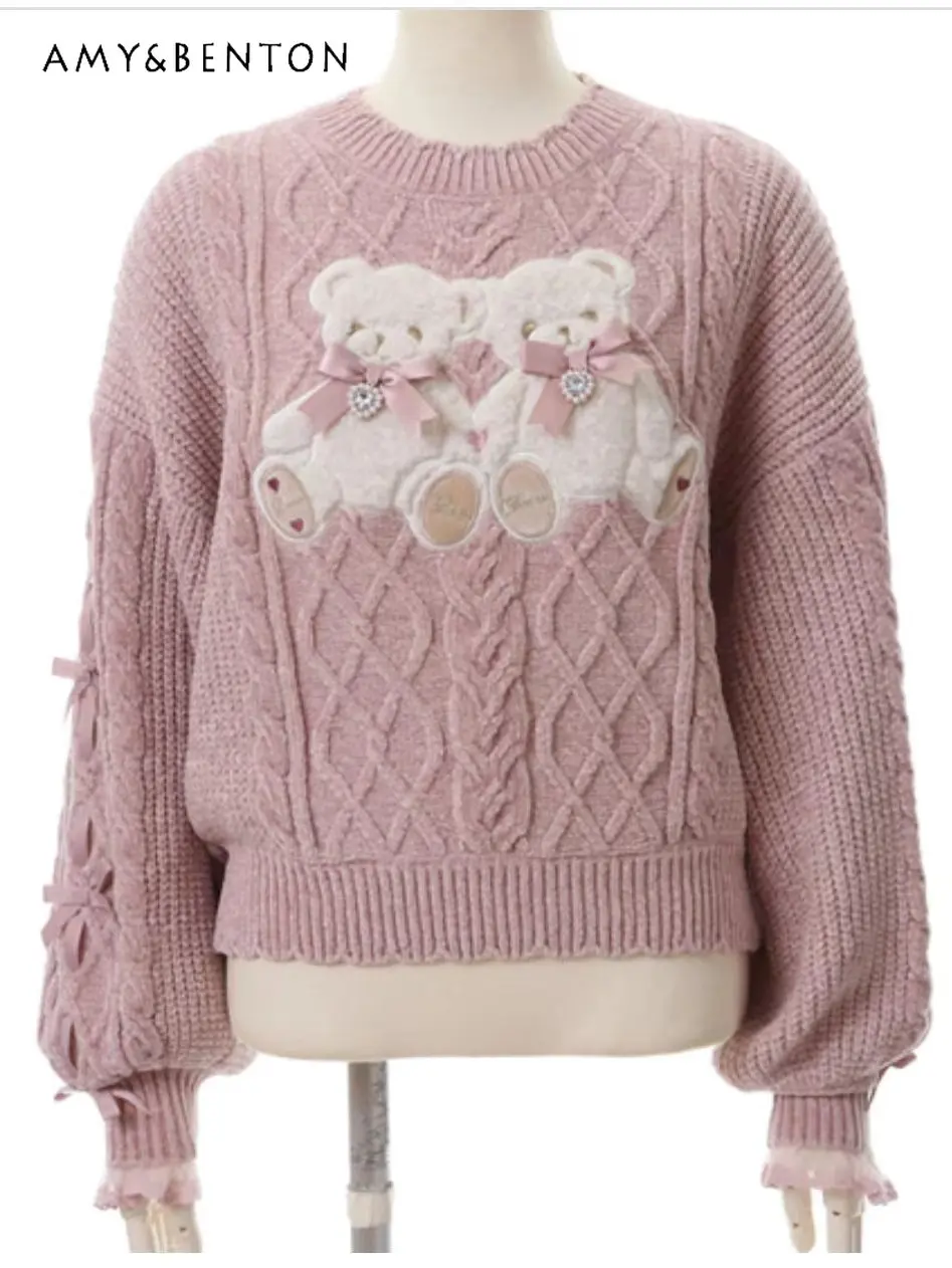 Spring Autumn 2022 New Women's Pullover Sweater Crew Neck Sweater Sweet Vintage Knitted Pullover for Ladies