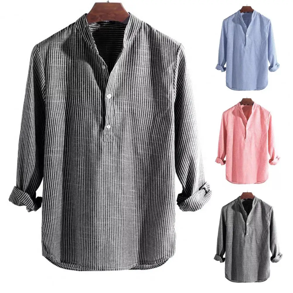 

Men Shirt Men Long Sleeve Shirt Soft Stand Collar Fashion Long Sleeve Buttons Blouse