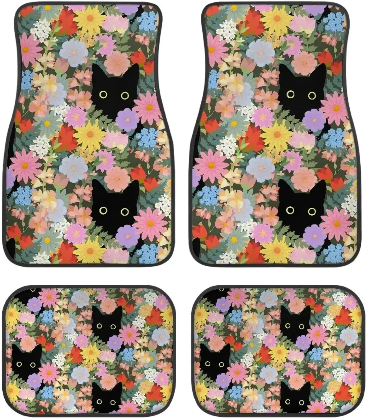 

Automotive Floor Mats for Most Sedan Car Mats 4 Pieces Washable Car Accessories Colorful Flower Black Cat Print Car Carpets