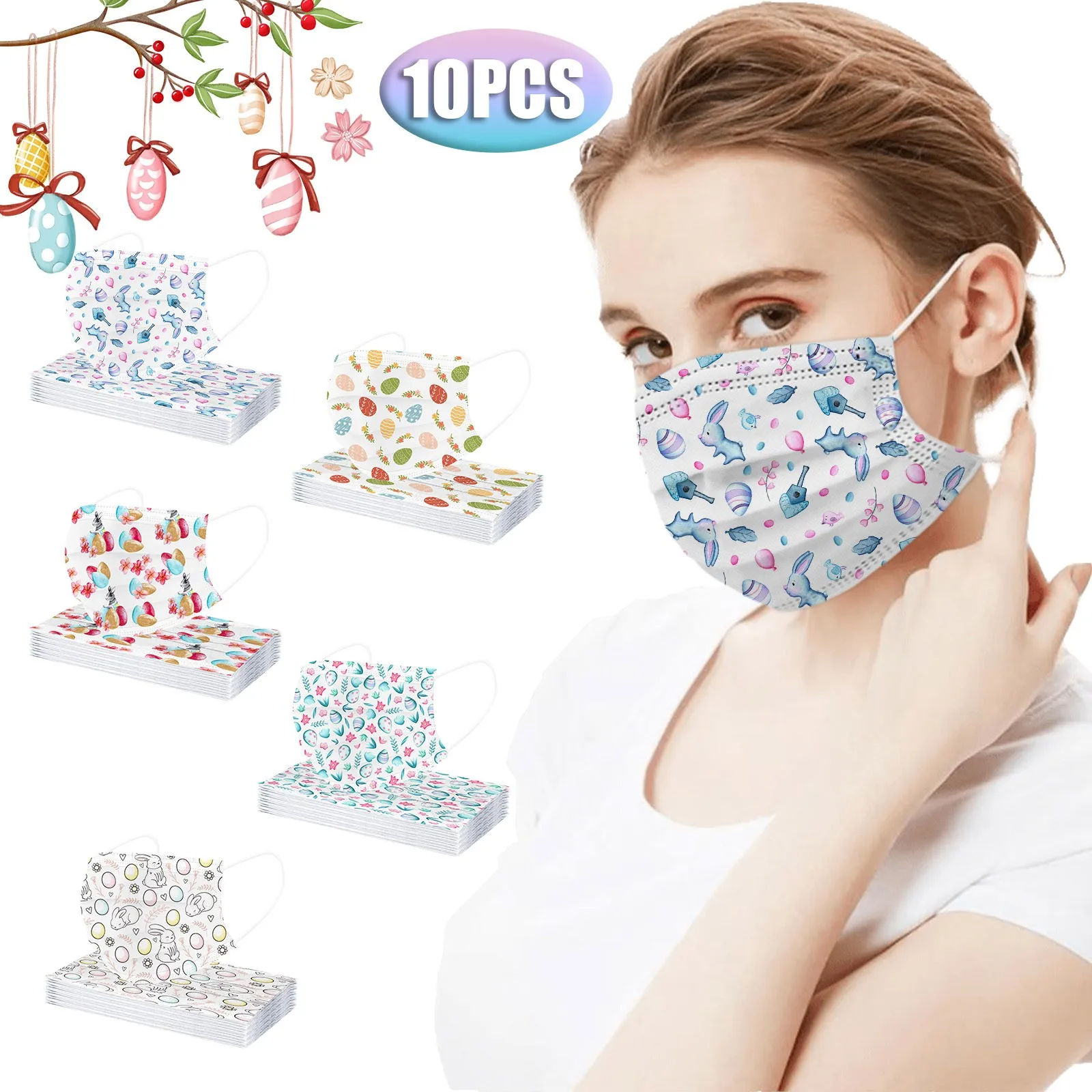

10pcs Adult Easter Masks For Protect Masks Disposable Nonwove 3 Layer Filter Mask Gift For Easter Party Earloop Bandage Masques