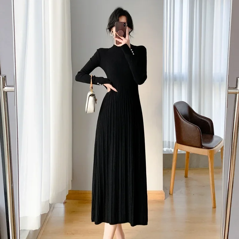 Осень/зима женское элегантное вязаное платье с высоким воротником до половины