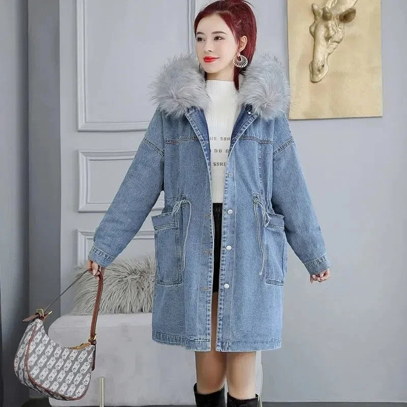 Women Parkas Winter Jacket 2022 New Warm Thick Denim Jacket Korean Loose Fur Collar Hooded Long Parka Female Jeans Coats Outwear