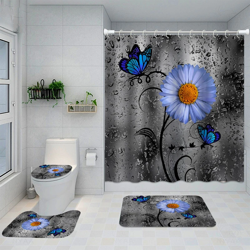 

Butterfly Shower Curtain Sets with Rugs Blooming Flowers Bathroom Decor Bath Rug and Mats Sets with Hooks Toilet Seat Cover