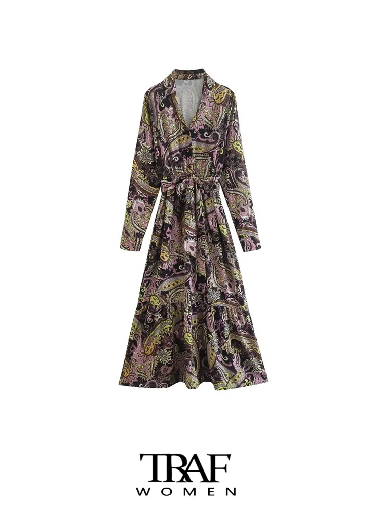

TRAF Women Fashion With Belt Paisley Print Midi Shirt Dress Vintage Long Sleeve Front Button Female Dresses Vestidos Mujer