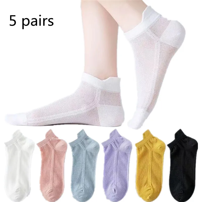 

5pairs Socks Women's Short Socks Summer Thin Anti-odor Sweat Absorption Breathable White and Black Mesh Shallow Mouth Boat Socks