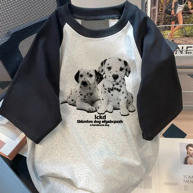

Cotton Cute Dog T shirt Fashion Summer Loose Harajuku Retro Street Y2K women art Oversized kawaii clothes T shirt top