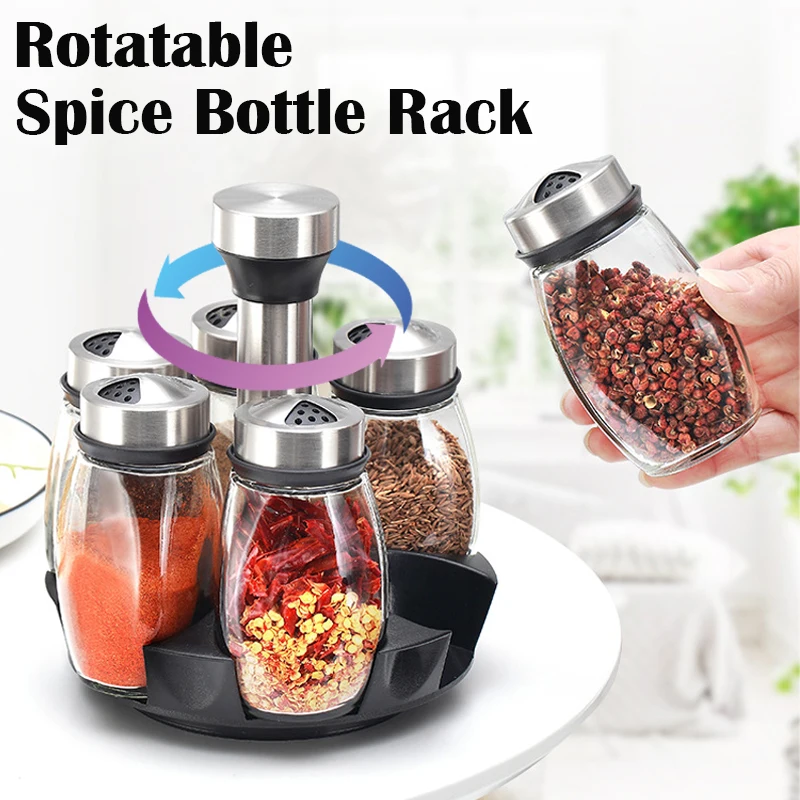 

Rotatable Spice Bottle Rack Kitchen Spice Glass Jar Pepper Sugar Salt Seasoning Storage Container Flavouring Holder Organizer