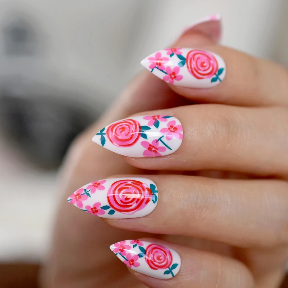 Искусственные ногти на шпильке с цветочным узором розово-красные леденец белые