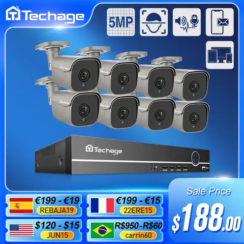 Система видеонаблюдения Techage, 8 каналов, 5 Мп, HD, POE, NVR, двустороннее аудио, ИК IP-камера, наружная, P2P, удаленный набор для видеонаблюдения