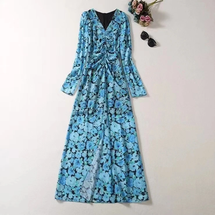 

Женская одежда в европейском и американском стиле, Новинка осени 2023, модное голубое платье с V-образным вырезом и длинным рукавом, разрезом и принтом XXL