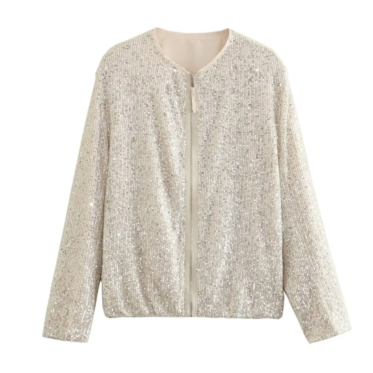 

2023 Women's Jacket Fashion Front Zipper Sequin Bomber Jacket Coat Female Casual Long Sleeves With Pockets Loose Chic Coats Top