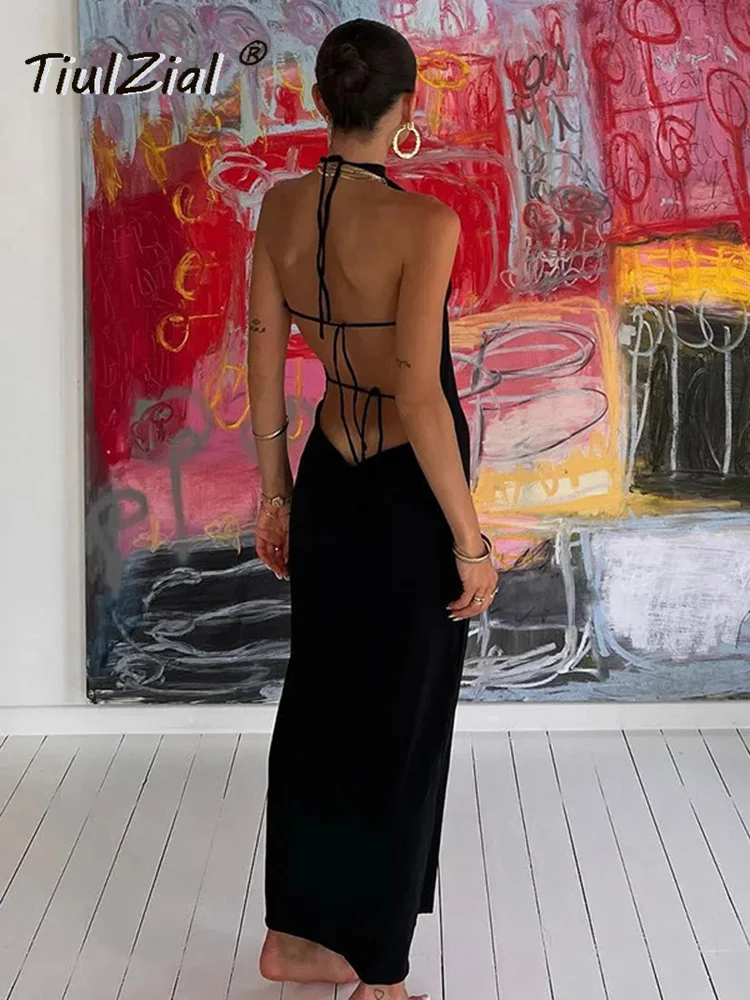 

TiulZial Black Halter Backless Midi Dress 2022 Summer Tie Up Beach Holiday Sexy Dress Club Party