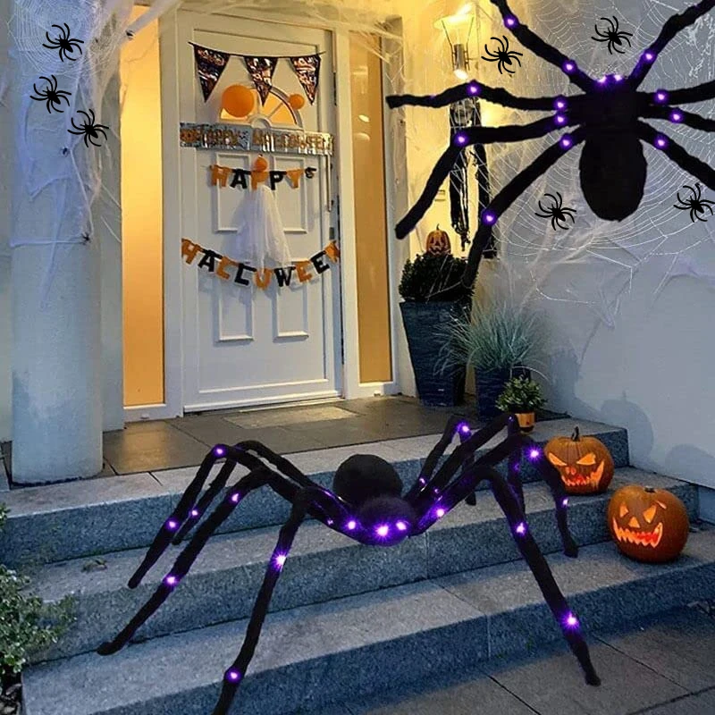Halloween Decoration Haunted Props Black Scary Giant Simulation Spider With Purple LED Light Indoor Outdoor Haunted Decoration