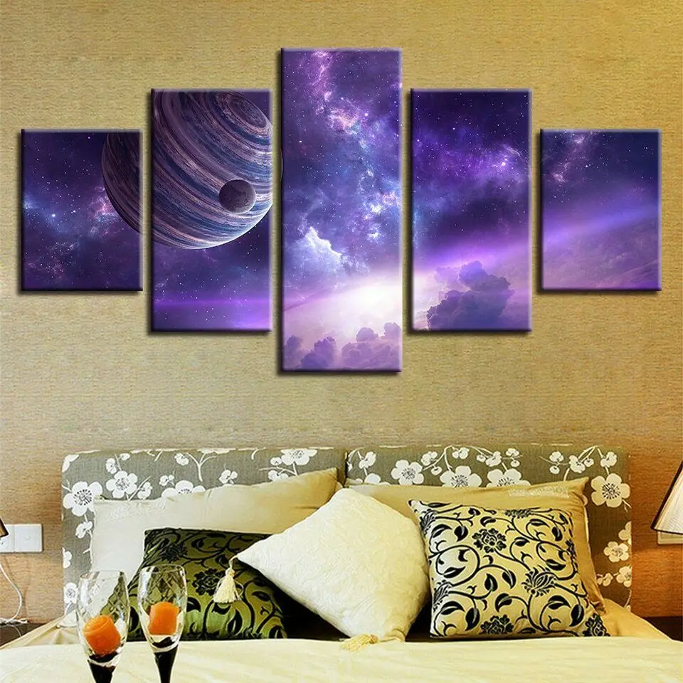 

Плакаты с изображением планеты в фиолетовой туманности, модульные картины с HD печатью космоса, художественный постер, Настенная печать без ...