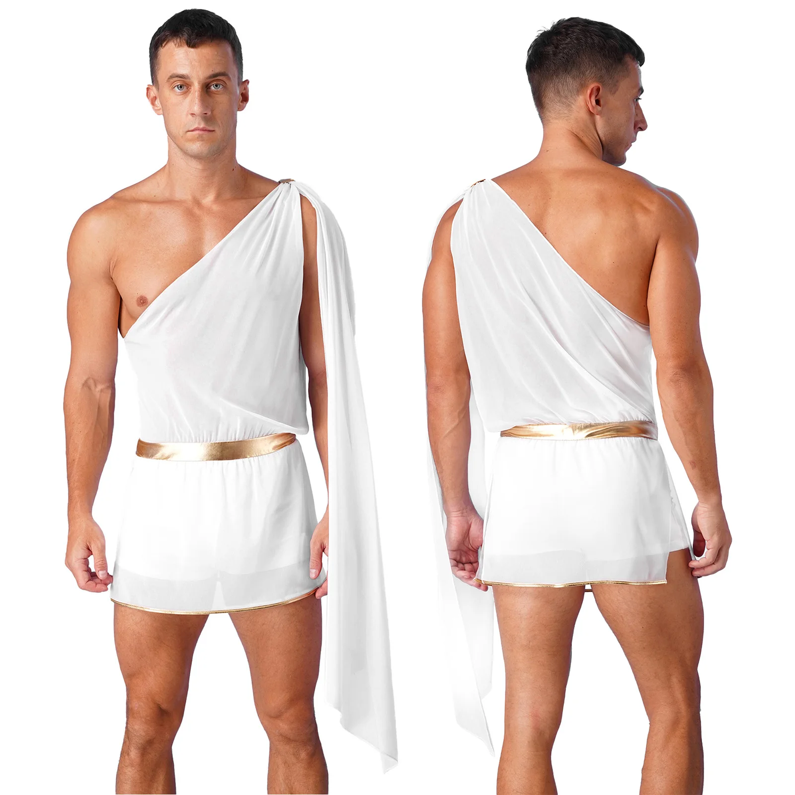 

Mens Ancient Greek God Costume One Shoulder Toga Skirt Built-in Shorts Halloween Roman Gladiator Knight Warrior Cosplay Dress Up