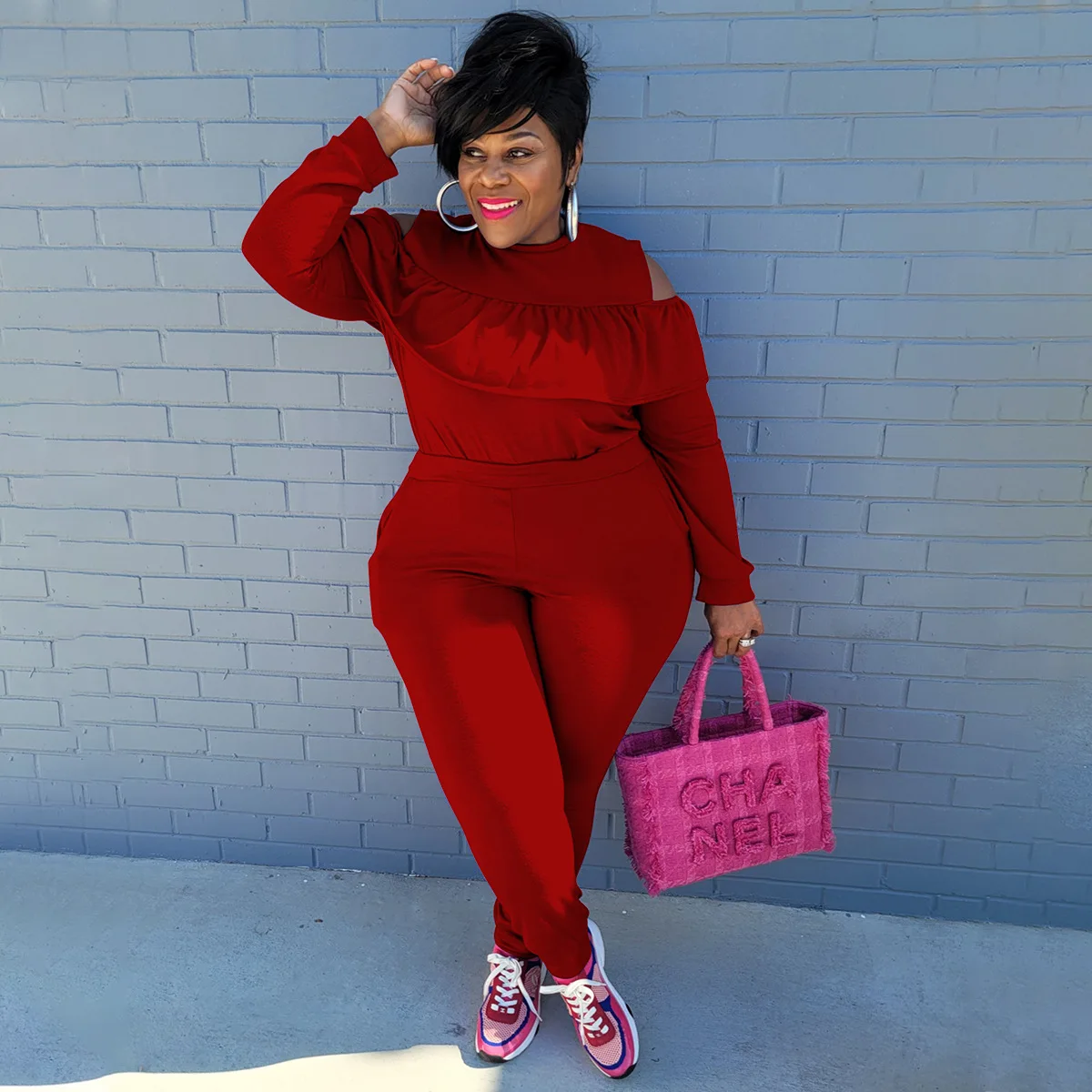 Plus Size Women 4xl Sets Off Shoulder Ruffle Shirt And Pants 2022 Autumn Fashion Two Piece Set Sexy Lady Fall Wholesale Clothes