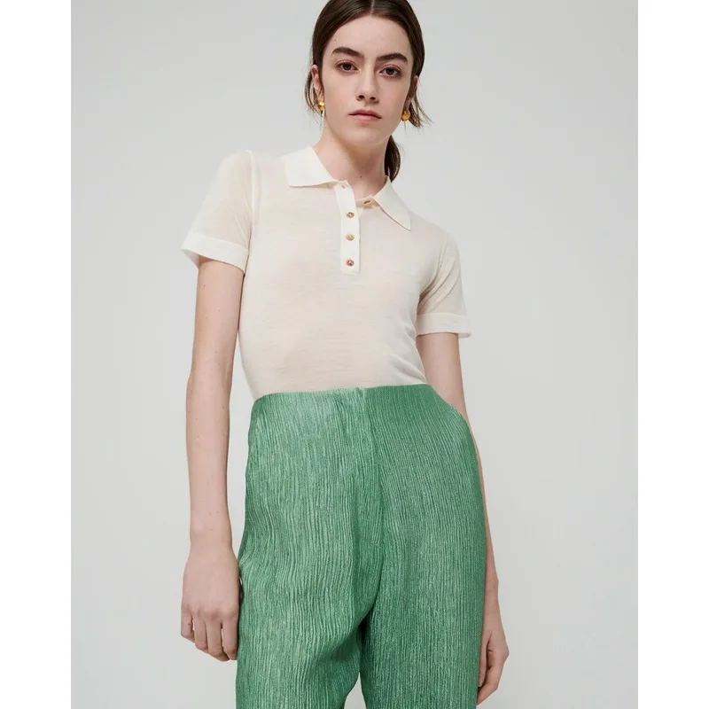 

NAN Merino Wool Sheer Polo-collar Shell Button Women 2022 T-shirt Niche Design