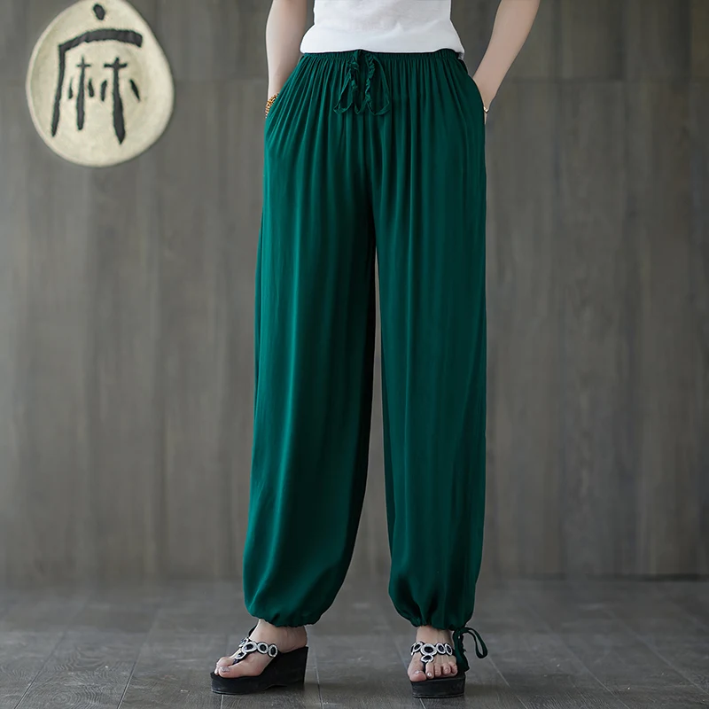 

Брюки женские в этническом стиле, однотонные шаровары с эластичным поясом, свободные повседневные штаны с широкими штанинами, на лето