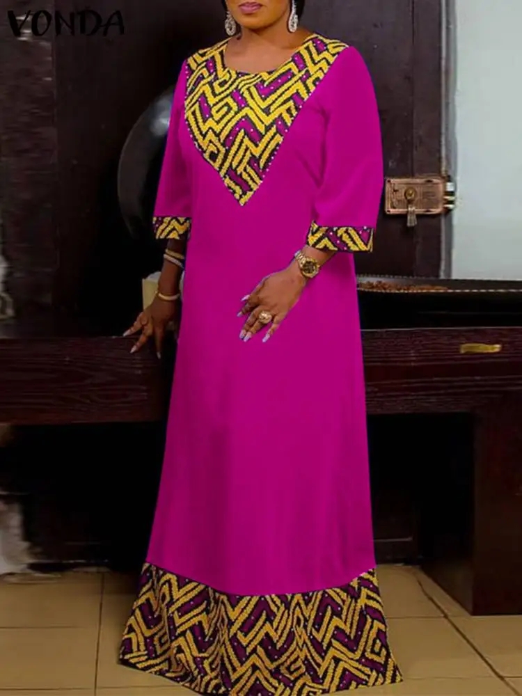 

VONDA винтажное Макси-платье 2022, женское богемное платье с принтом и рукавом 3/4 вечерние повседневный летний лоскутный пляжный длинный сарафа...