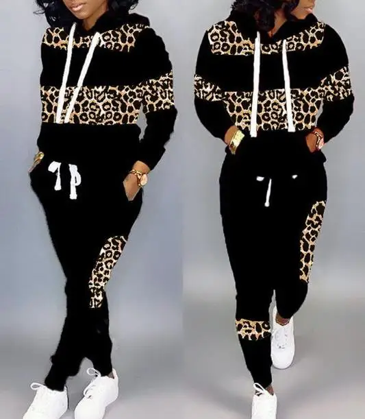 

Two Pieces Set for Women 2023 Autumn and Winter New Fashion Casual Daily Thickening Leopard Print Long Sleeve Hoodie&pants Set