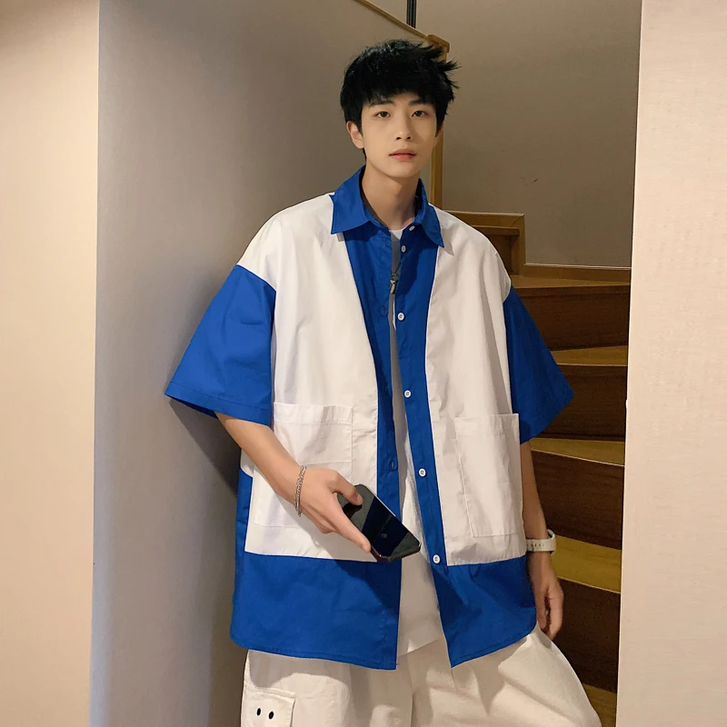 Oversized Half Sleeve Shirts for Mens Summer Fashion Trends Hawaiian Streetwear Tops Teenage Loose Fit Casual Patchwork Blouses