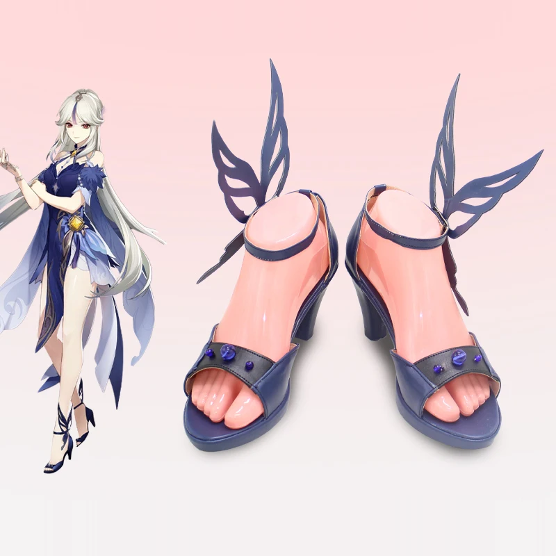 

Game Genshin Impact Ningguang Cosplay Shoes Customized Women Blue High Heels With Butterfly Halloween Carnival Roleplay Props