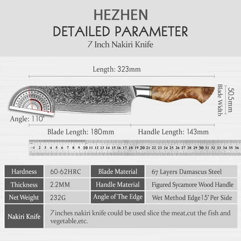HEZHEN 7-дюймовый нож Nakiri, настоящий 67-слойный дамасский супер стальной нож для резки мяса, рыбы, овощей, острое лезвие, кухонный нож для повара