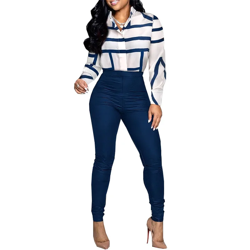 

African Clothes For Women 2 Piece Set Print Shirt Tops Outfits Fashion New High Waist Skinny African Office Lady Pant Suits Sets