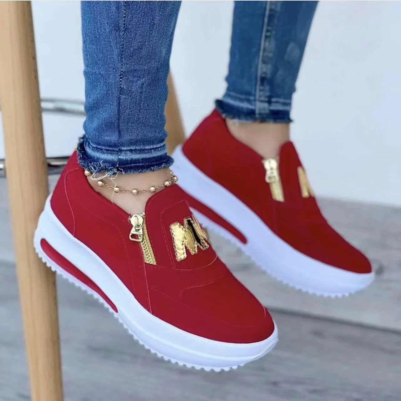 2022 Women Sneakers Casual Double M Printed Side Zipper Platform Shoes Ladies Vulcanized Shoes Zapatillas Mujer Women Shoes