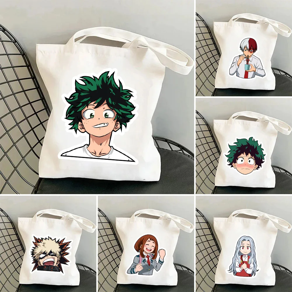 

Anime My Hero Academia Izuku Midoriya Funny Face Tote Bags for Women Cartoon Canvas Shoulder Bag Large Reusable Handbags