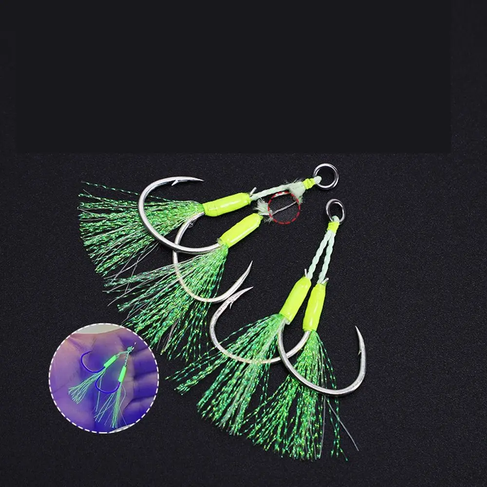 

1/0 2/0 3/0 Metal Jig Tail Assist Hooks Luminescence with Barbs Metal Jig Double Hooks High Tensile Force Sharp