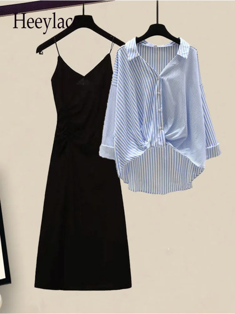

Женский Повседневный костюм-двойка, корейский стиль, полосатая Солнцезащитная блузка с длинным рукавом и черное платье макси на бретелях-спагетти, летние комплекты для женщин