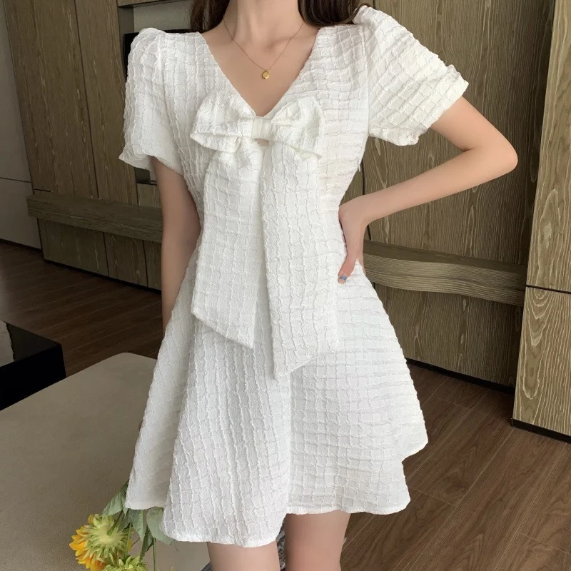 

Korean Fashion Summer Mini Dresses Women Short Sleeve V-neck Bow Tie A-line Casual Beach Sundress High Waist Dresses Elegant
