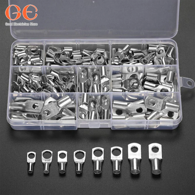 

100/60Pcs SC Bare Crimp Terminals lug Tinned Copper Lug Ring Electrical Wire Connectors Cable Splice Terminal Kit Assortment