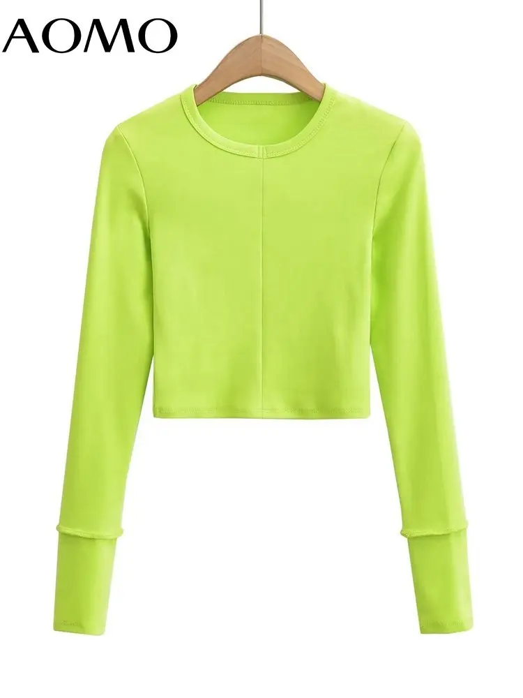 

AOMO Women Crop Cotton T Shirt Long Sleeve Tees Ladies Sexy Tee Shirt Street Wear Top 4P136A
