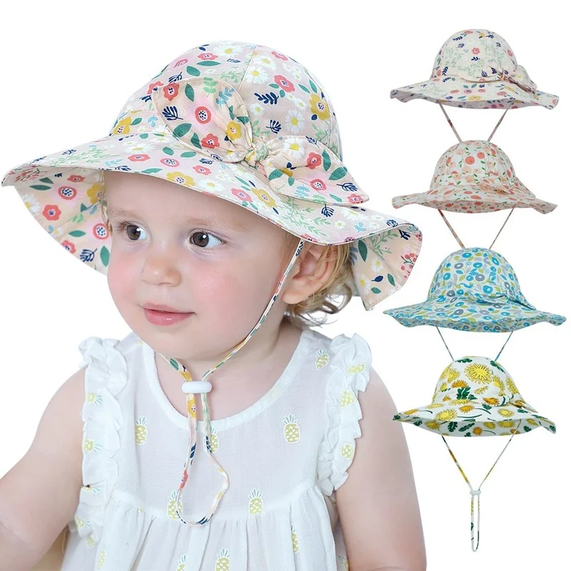 

New Summer Baby Sun Hat Big Brim Flower Bucket Caps for Girls and Boys Outdoor UV Protection Kids Infant Hat Beach Travel Caps
