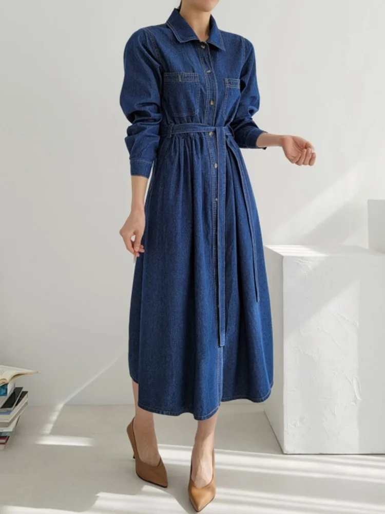 [EWQ] Винтажное модное однобортное джинсовое платье на шнуровке элегантное