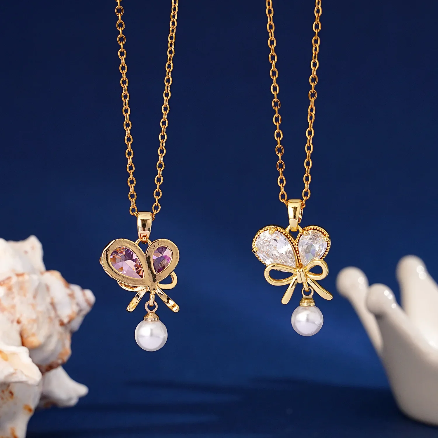 Модное ожерелье с подвеской в виде сердца жемчуга банта из циркония для женщин и