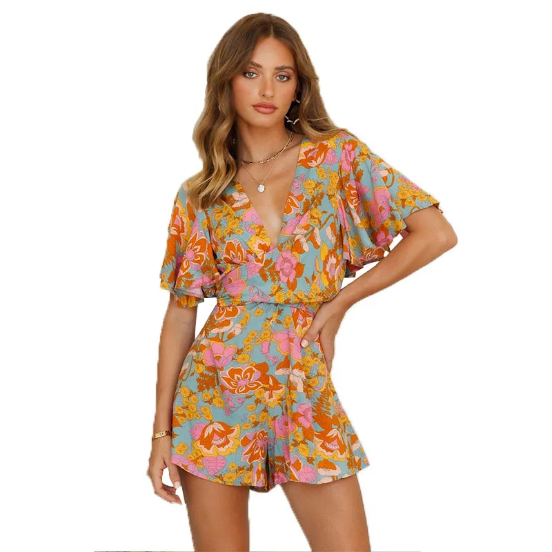 

Women's Jumpsuit Casual Summer Floral Printed Playsuit 2022 Bohemian Rompers Batwing Sleeve Backless Short Pants Playsuits