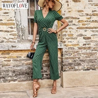 wayoflove summer dots print green romper jumpsuit women elegant short sleeve v neck bodysuit slim wide leg pants casual jumpsuit