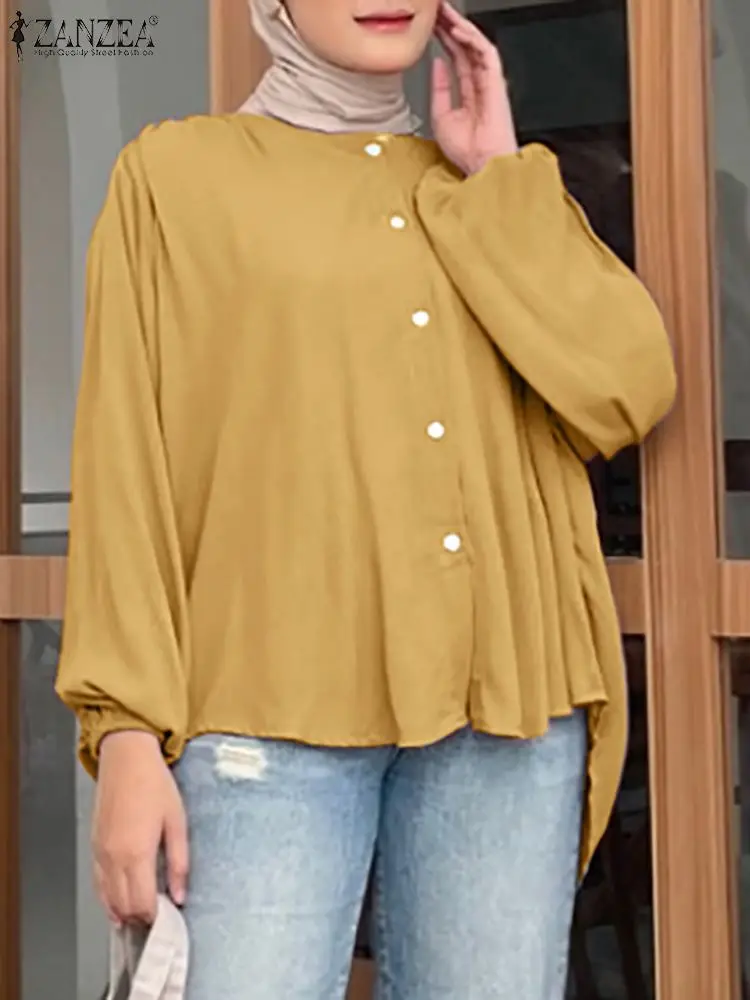 

Модная женская осенняя блузка ZANZEA с длинным рукавом, мусульманская абайя, повседневная Однотонная рубашка на пуговицах, женские топы Рамадан, блузки, рубашка
